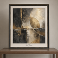 Framed Metallic Abstraction on a Minimalist Desk