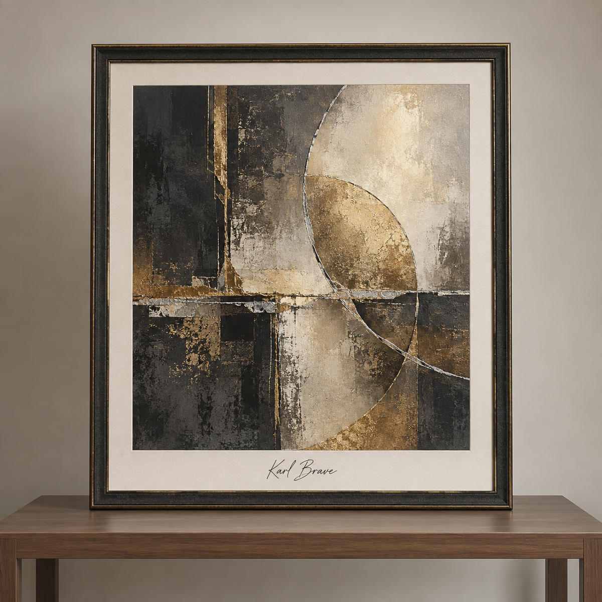 Framed Metallic Abstraction on a Minimalist Desk