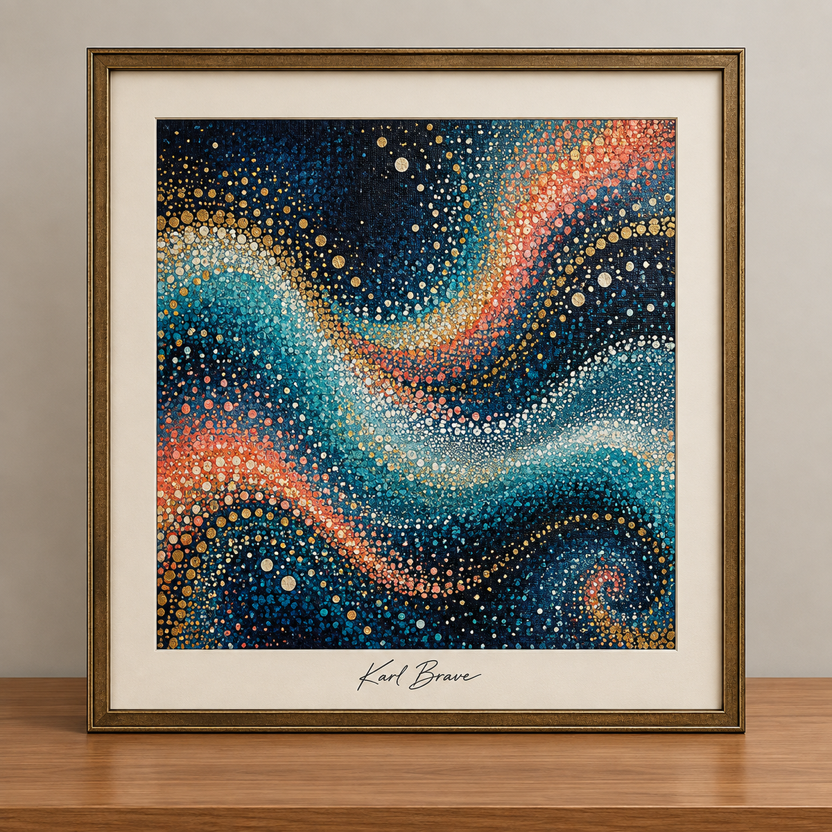 Pointillist constellation in a gallery frame